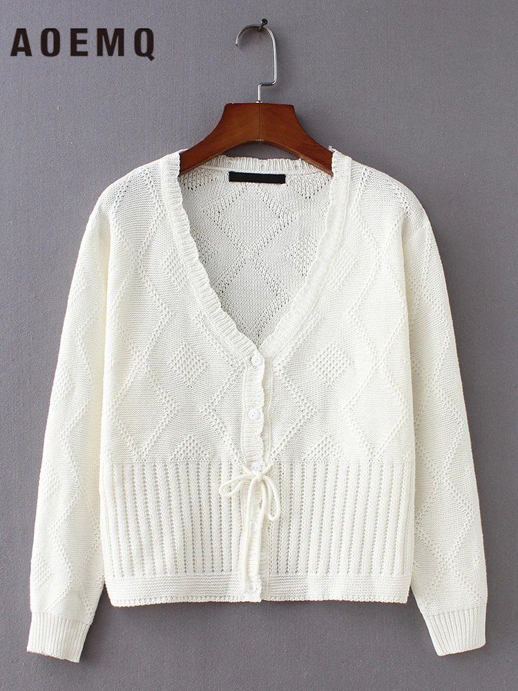 

AOEMQ Winter Sweaters Cardigan Outwear V-Neck Collar Sweaters Breathable Hole Plaid with Bow-knot Lacing Women Sweater Clothing
