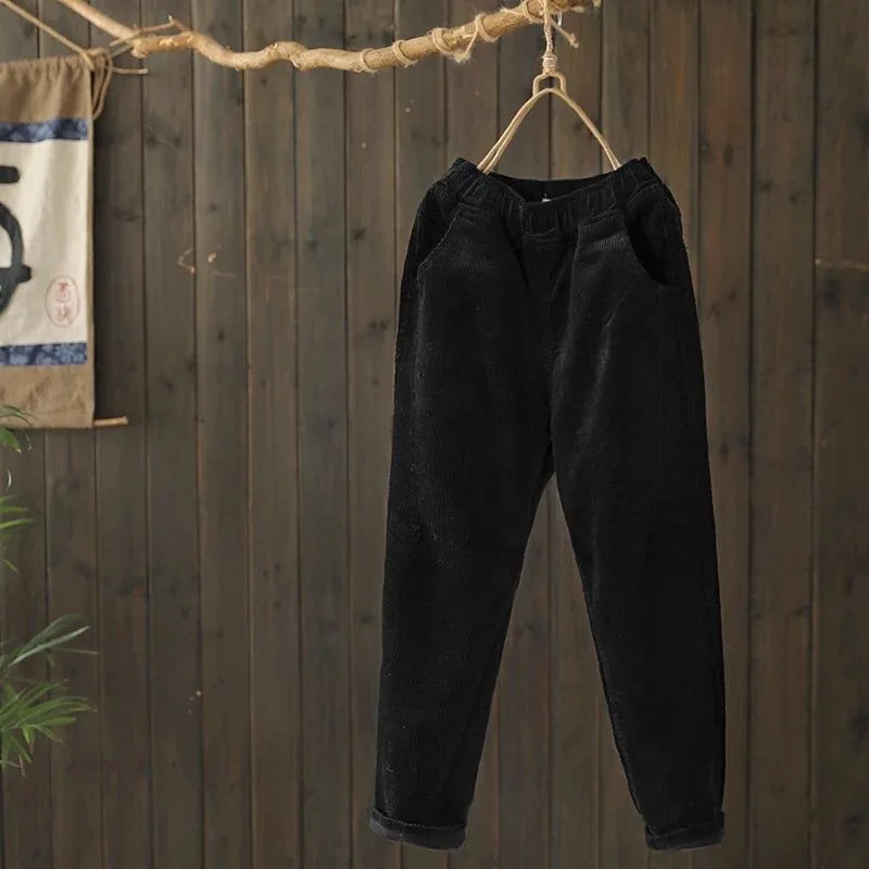 HOUZHOU S-3XL вельветовые штаны-шаровары для зимы и осени, женские штаны с эластичной резинкой на талии размера плюс, повседневные длинные штаны, Модные свободные - Цвет: Черный