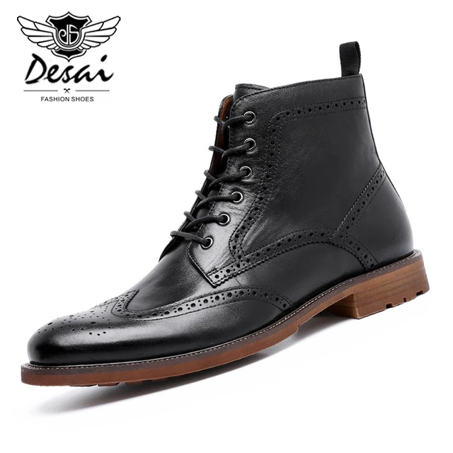 $US $73.92 DESAI Large Size Men's Genuine Leather Boots Non-Slip Leather Shoes with Zip Fashion Lace-up Brogue Boots for Men