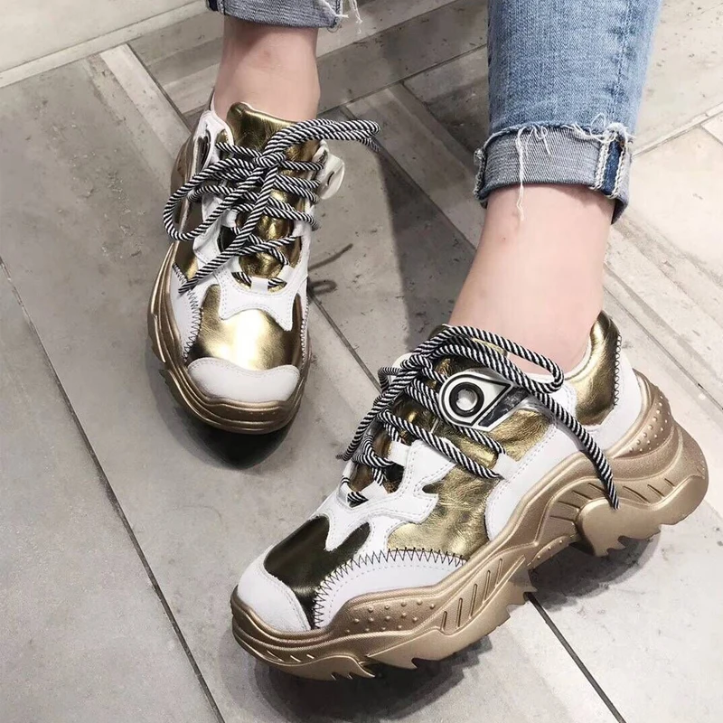 

RY-relaa fashion female 2019 autumn new color matching leather lace with muffin bottom thick tide casual shoes