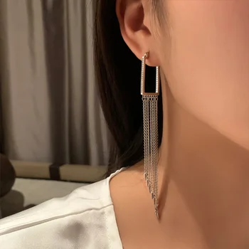 

European and American solid geometry square rivet Beaded Tassel Earrings long earrings for women