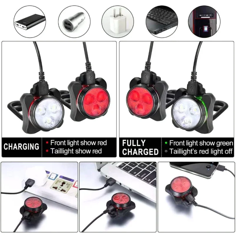 1 Pair USB Rechargeable Bike Light Set Super Bright Front Headlight and Free Rear LED Bicycle Light Safety Warning 2019