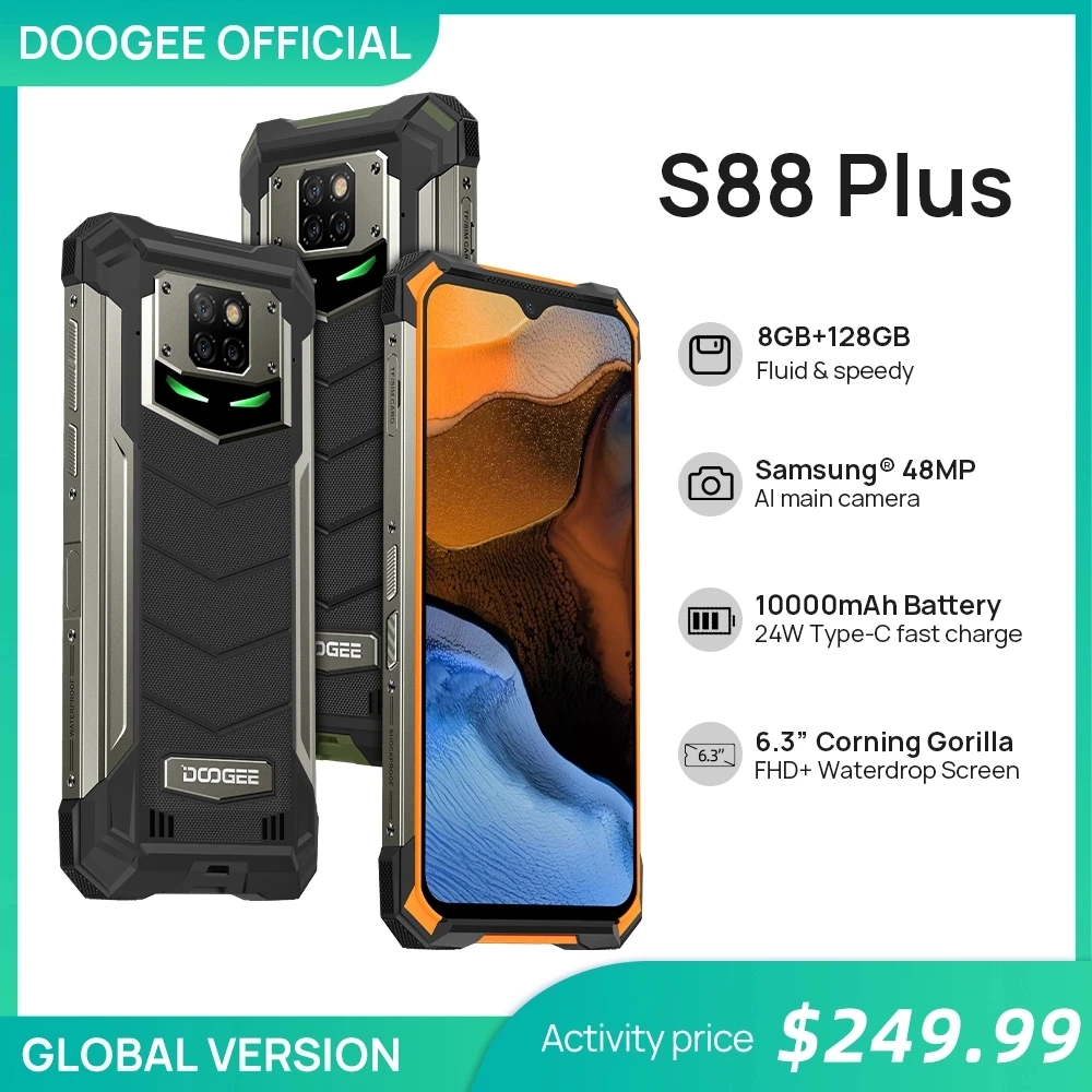 Doogee s88 além de câmera principal áspera 8gb ram 128gb do smartphone 48mp rom ip68/ip69k telefone inteligente android 10 os versão global
