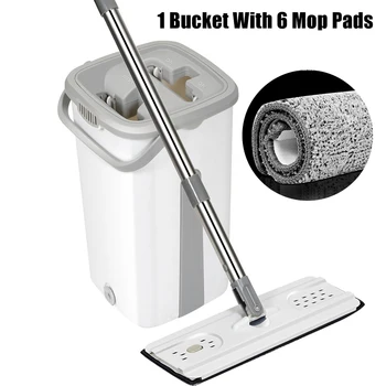 

Wet Dry Dual Use 360° Rotatable Flat Squeeze Mop Bucket Set With 6 Mop Pads Washable Easy Cleaning Household Cleaning Tools