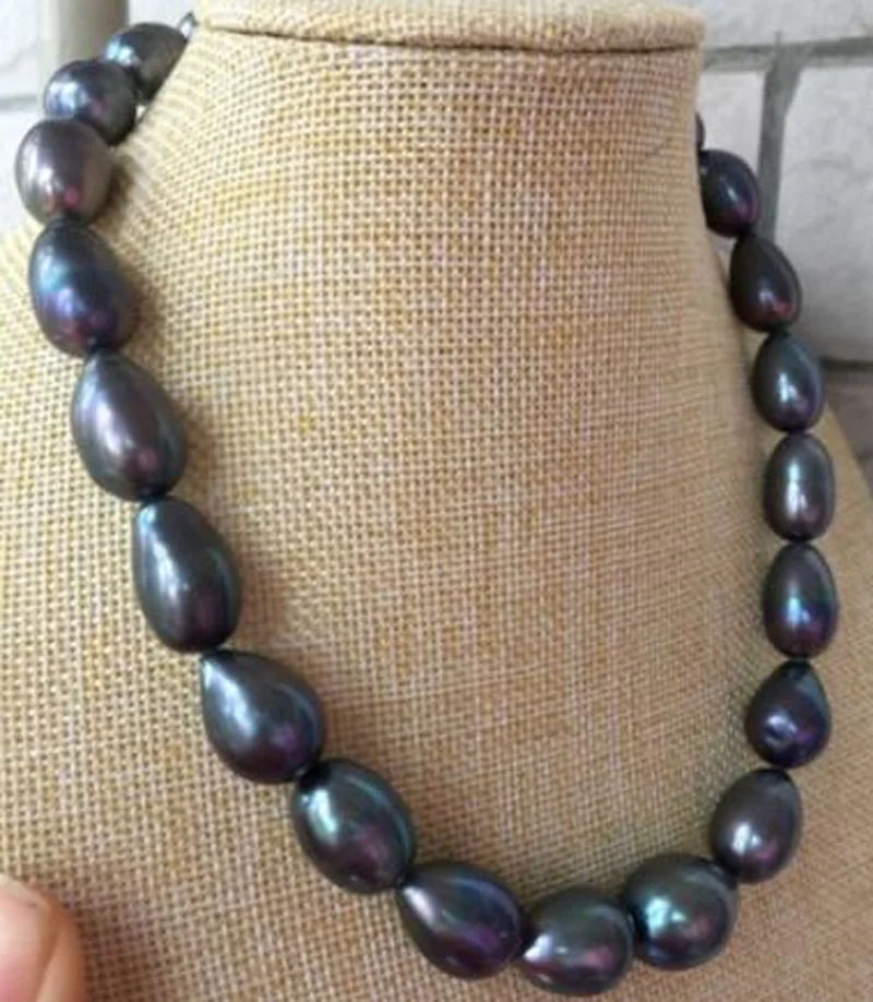 

free shipping >>>>noble jewelry Freshwater huge 12-14mm baroque black green pearl necklace 14k