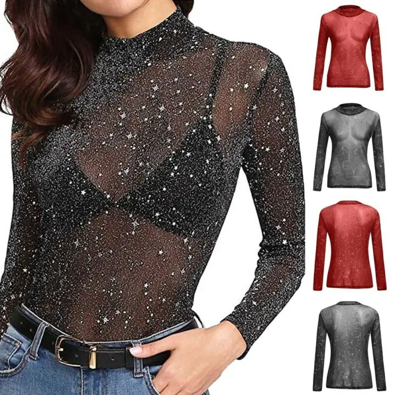 

Women Fashion T-Shirts Shiny Mesh Party Blouses t Shirt Ladies Tops Plus Size Bikini Cover Up beachwear