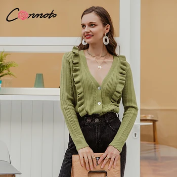 

Conmoto Elegant green autumn winter women knitted cardigan Causal v-neck ruffle long sleeve sweater Fashion female cardigan