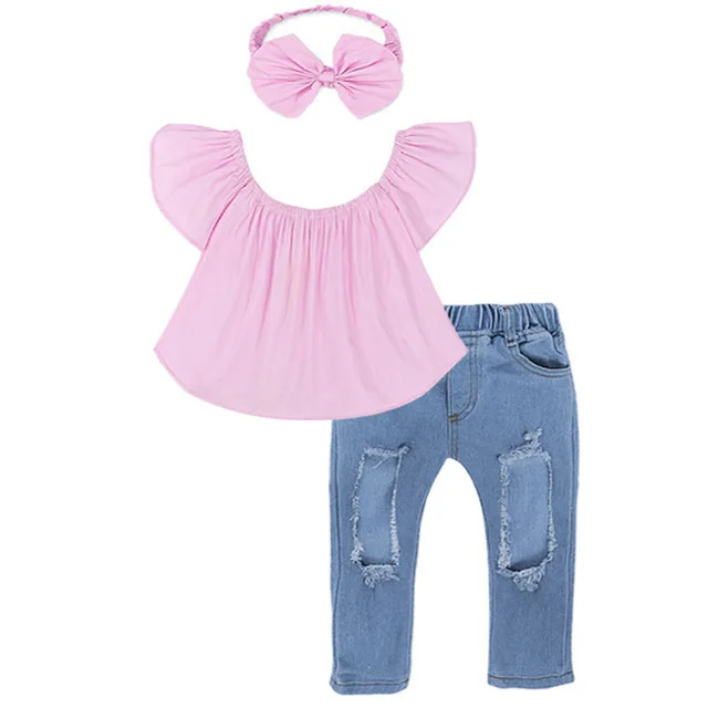 Высокое качество Комплекты одежды для девочек сезон осень-зима, джинсовая комплект для девочек комплекты одежды, костюм для детей, детская одежда Комплект одежды для детей из 3 предметов 40 - Цвет: Pink