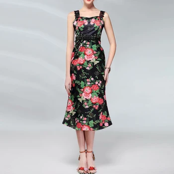 

High Quality Latest Paris Fashion Show Summer 2020 Women's Spaghetti Strap Vintage Floral Print Dress