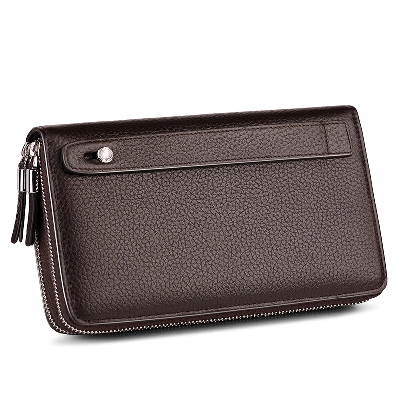 WILLIAMPOLO Leather Vintage Solid Clutch Bag Phone and Card Brand Mens Wallet Double Zipper Genuine Leather Handy Purse