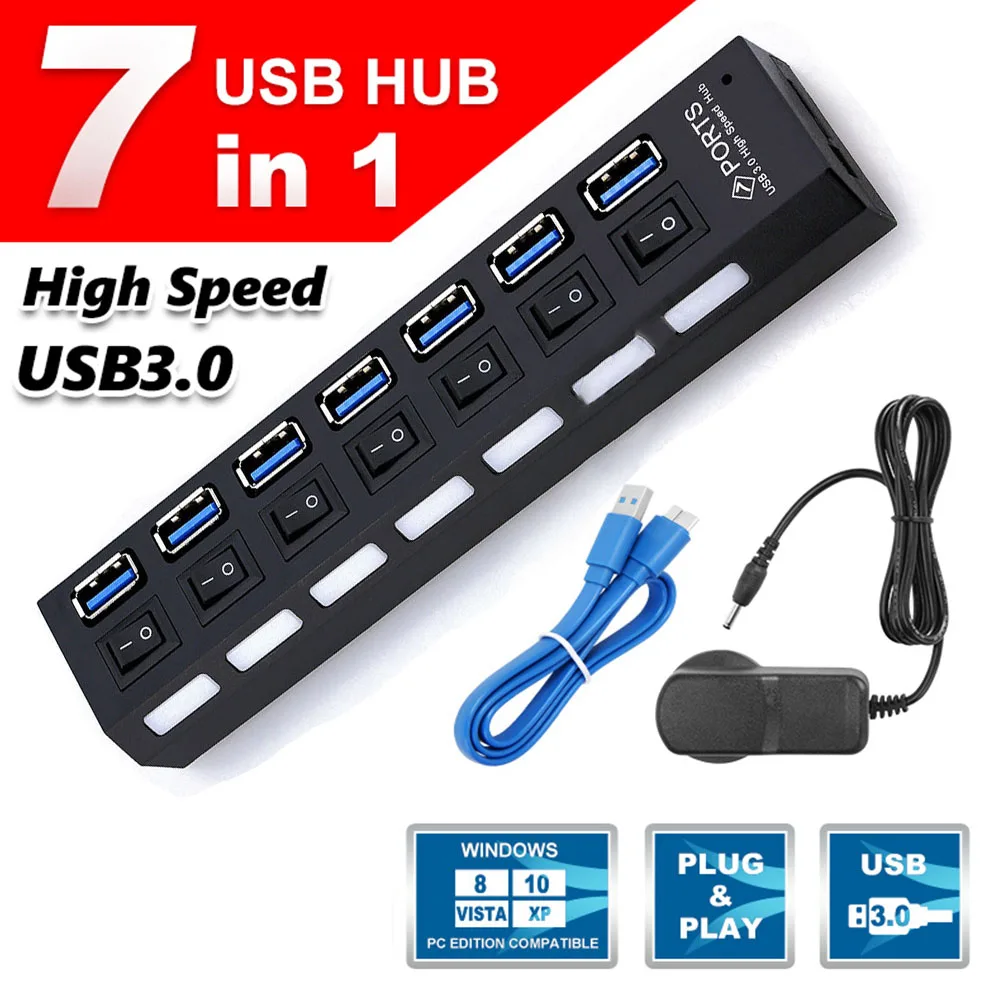 

High Speed 7-Ports Expander USB 3.0 Hub Multi USB 3 2.0 Hab Splitter AC Power Adapter On/Off Switch Computer Accessories Hub