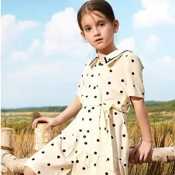 

Hot Sale Girls Kids Children Dress Lapel Contrast Piping Collar Single Line Button Black Dot Waist Lace Up Shirt-dress Casual