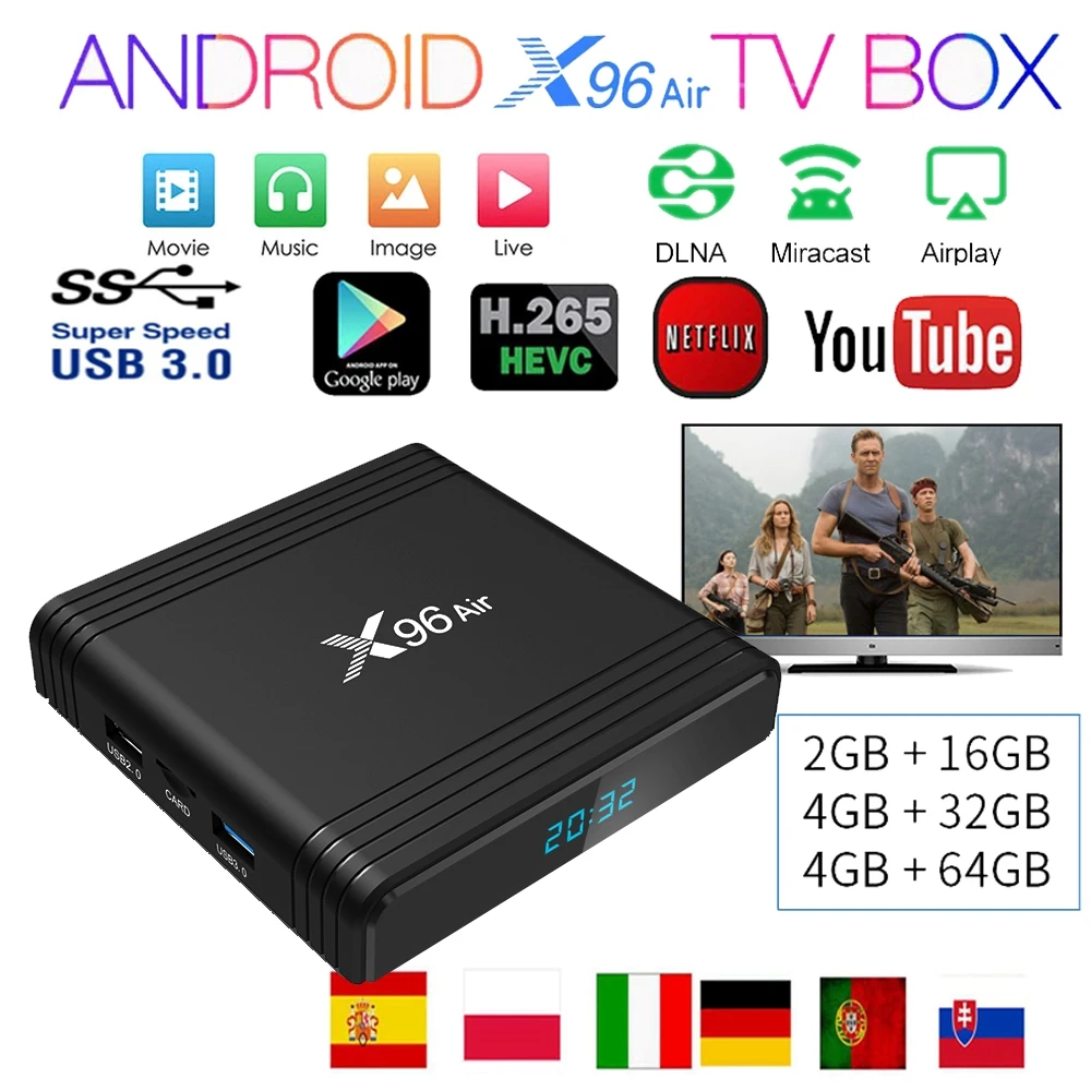 Android tv box X96 Air s905x3 8K 2.4&5G WIFI 8K H.265 HDMI 2.1 Android 9.0 4GB Ram 64GB Rom support Netflix Spain iptv smart tv