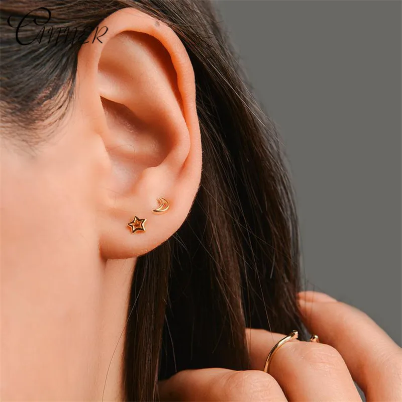 

CANNER Fashion Minimalist Earrings Jewelry 925 Sterling Silver Earrings Small Tiny Hollow Moon Stud Earrings for Women Ear Studs