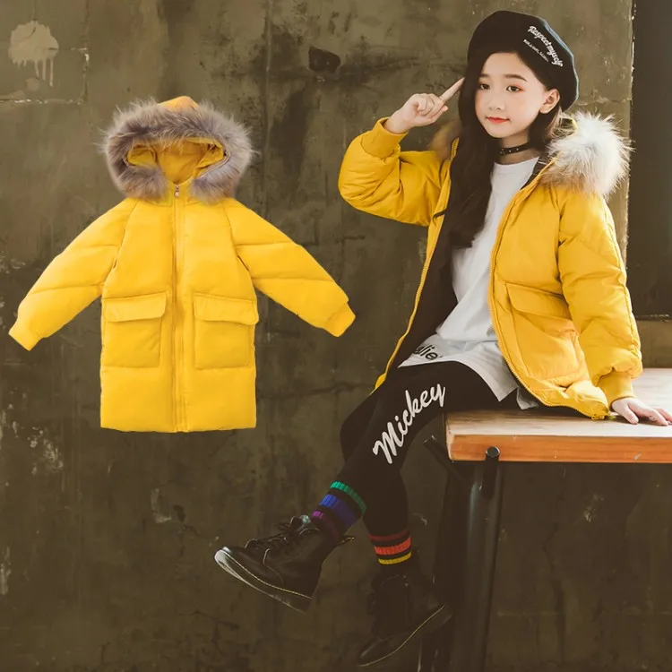 Fashion Children Winter Down Cotton Jacket Girl Clothing Kids Clothes Warm Thick Parka Fur Collar Hooded Long Coats Outfits