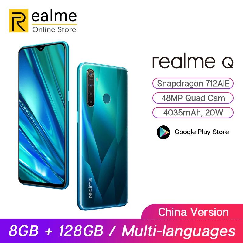 Мобильный телефон realme Q, 8 ГБ, 128 ГБ, 6,3 дюйма, Восьмиядерный процессор Snapdragon 712AIE, 48мп, четырехъядерный мобильный телефон VOOC, быстрая зарядка 20 Вт