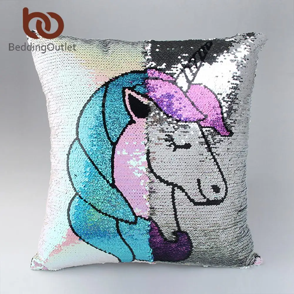 

BeddingOutlet Unicorn Sequin Mermaid Cushion Cover Cartoon Decorative Pillowcases Reversible Pillow Cover for Kids wholesale