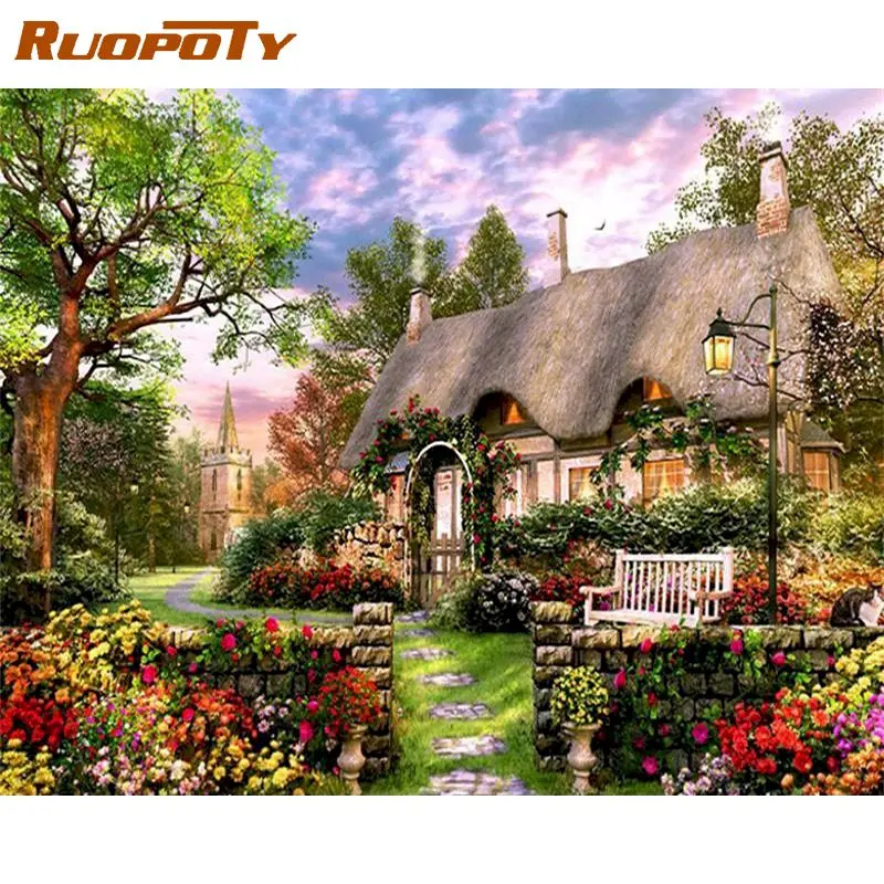 

RUOPOTY Frame Tree Cottage DIY Paints By Numbers Home Decoration Oil Painting By Numbers Full Set For Adults