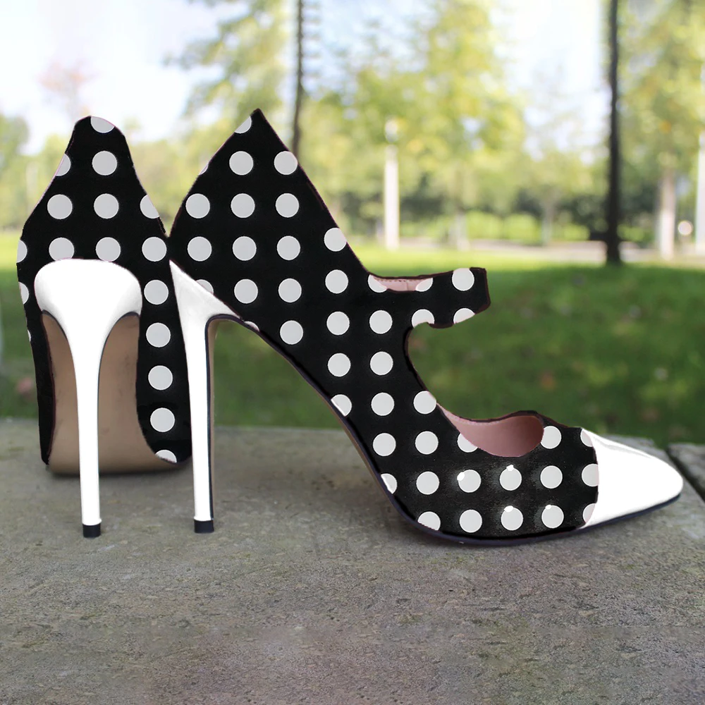 

LAIGZEM Polka Dots Patchwork Women Heels Pumps Mary Janes Stiletto Party Shoes Woman Zapatos Talon Femme Large Size 45 46 47