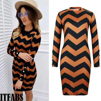 

Women Elegant Black and Yellow Striped Wave Print Slim Long Sleeve O Neck Casual Female Mini Dress Vestidos Ladies Pencil Dres