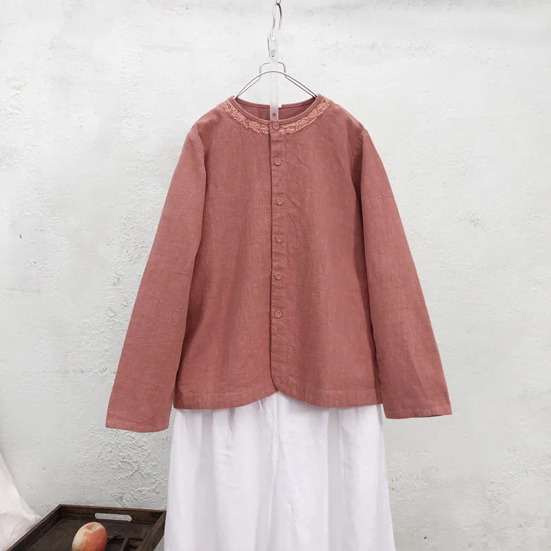 

Johnature Ladies Tops Casual Button Women Clothes 2019 New Autumn Shirt O-neck Solid Color Full Sleeve Vintage Women Blouses