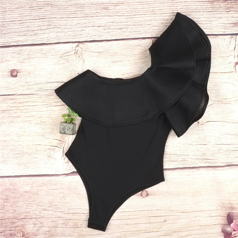 pink bodysuit Women Sexy Solid One Shoulder Ruffled Bodysuit Leotard Tops Romper Mesh Bodysuits Casual Lady Streetwear  Bodycon  Female brown bodysuit