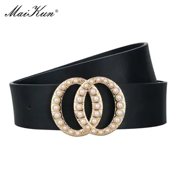 

Maikun Belt for Women Double Ring Diamond And Pearl Buckle Belt High Quality Leather All-Match Waistband