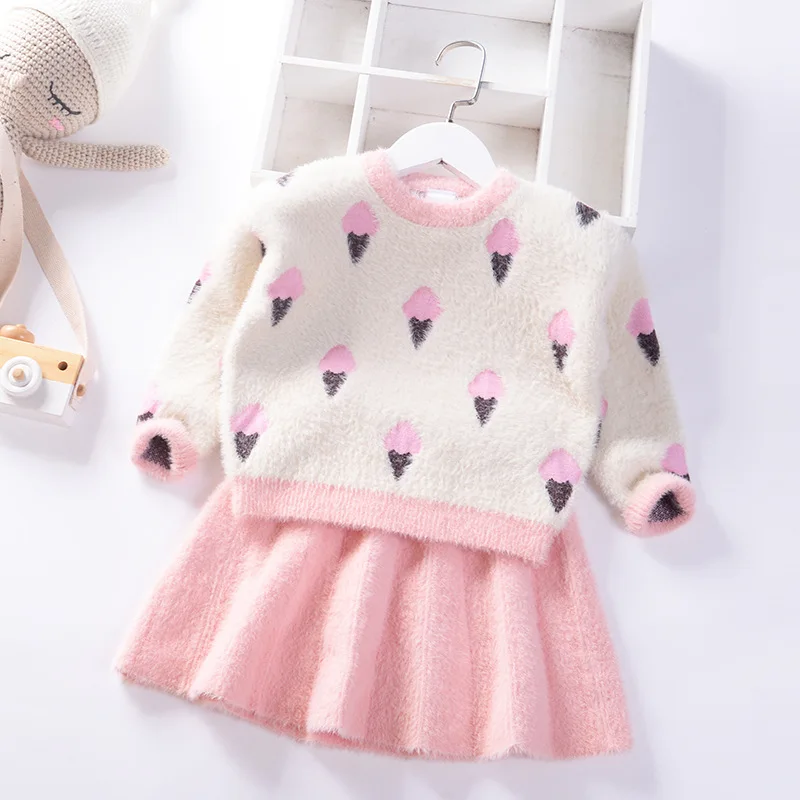 Осенне-зимнее платье-свитер для девочек, детский джемпер, Детский свитер, одежда для детей, хлопковый Детский вельветовый пуловер с норкой+ вязаная юбка - Цвет: Розовый