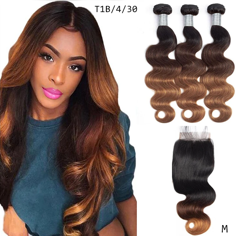 

DreamDiana Remy Ombre Brazilian Body Wave With Closure 2 3 Tone Bundles With Closure 100% Ombre Human Hair With Lace Closure M