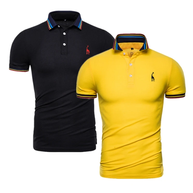 yellow-black Фирменное Качество, 2 шт./лот, Мужская однотонная приталенная рубашка поло с вышитым оленем, Мужская Повседневная деловая рубашка поло, мужские топы с жирафом - Цвет: yellow-black