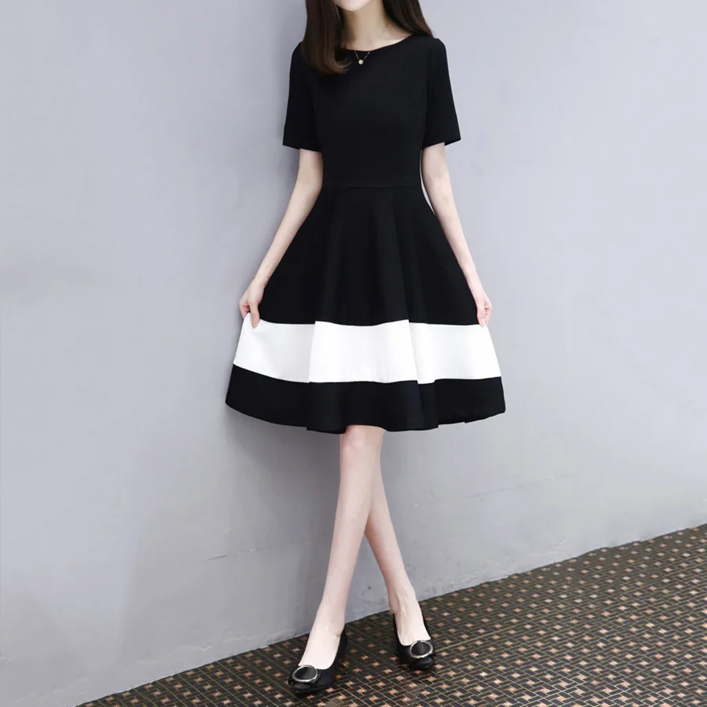 Fashion Dresses Women Knee-length Black Dress O-neck Casual Popular Elegant  Short Sleeve Dress Short Party Dress Vestidos#J30