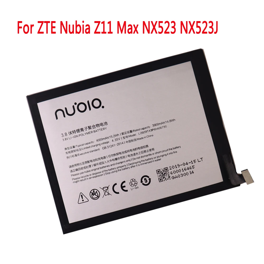 

Original battery 3.8V 4000mAh Li3839T43P6h406790 For ZTE Nubia Z11 Max NX523 NX523J Battery