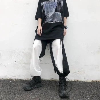 

pants women men Street dark simple hip-hop style black white contrast color stitching broken edge sports high street stacking