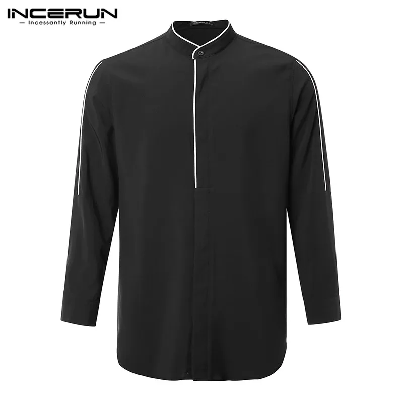 INCERUN, мужская рубашка, одноцветная, с длинным рукавом, для фитнеса,, со стоячим воротником, вечерние, для клуба, модные, деловые, для социальных, рубашки для мужчин, Camisa S-5XL