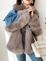 2021 New White Duck Down Winter Denim Jacket Women Parka Real Natural Fox Fur Coat  Single Breasted Warm Outerwear Streetwear 1