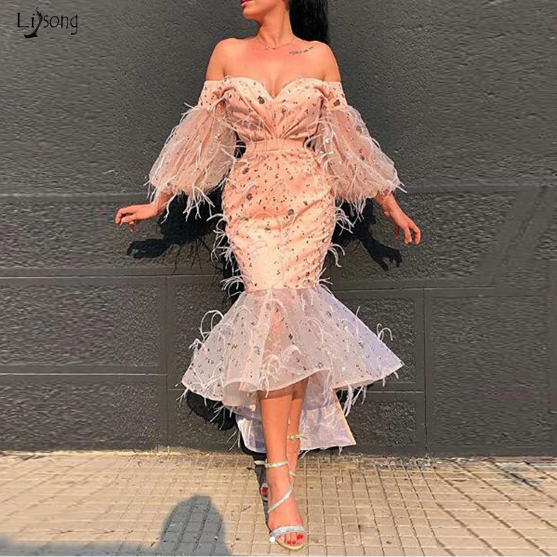 

Gorgeous Orange Mermaid Evening Formal Dresses Elegant Off Shoulder 3/4 Sleeves Sequin Ankle-Length Feather Trendy Prom Gowns