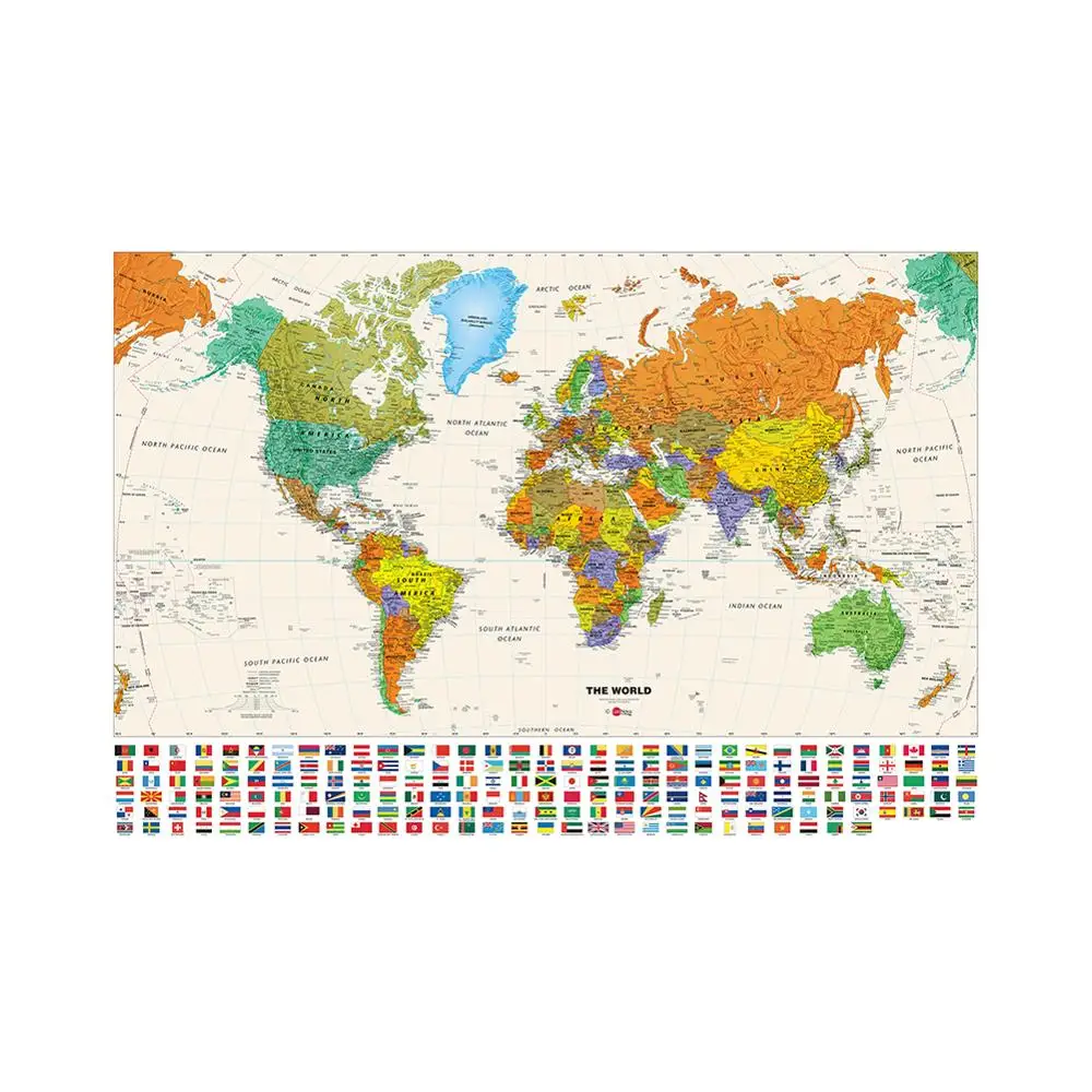 

The World Physical Map Hammer Projection With National Flags 150x100cm Non-woven Waterproof Map For Beginner