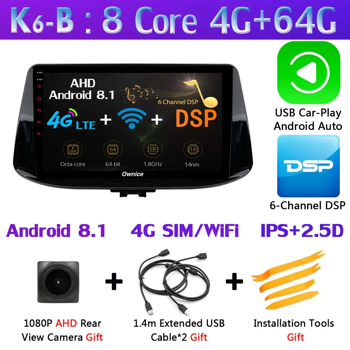 360 ° камера 1Din Android 9,0 8 ядерный 4 гб озу+ 64 гб пзу gps радио CarPlay SPDIF DSP автомобильный плеер для hyundai i30 стерео - Цвет: K6-B-CarPlay