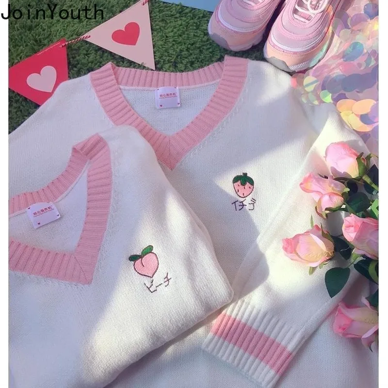 Joinyouth-suéter tejido tipo chaleco para mujer, suéter tejido tipo chaleco bordado de fresas de melocotón, Tops de Sueter dulces, otoño 2020, 7b452