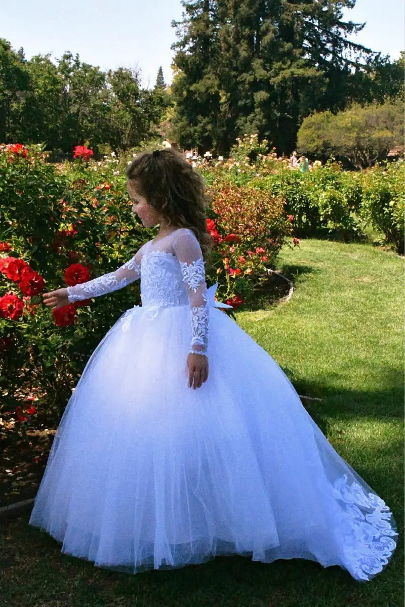 87 (1)White Flower Girl Dress Tulle First Communion Baptism Little Girl Lace Princess Baby Toddler Birthday Party Dress Formal