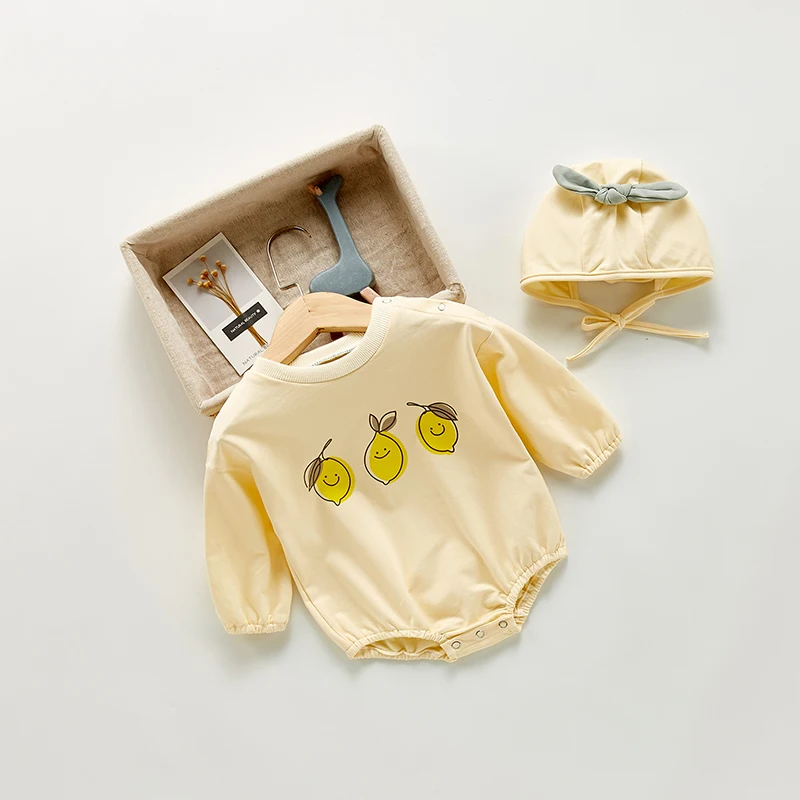 Baby Bodysuits made from viscose  Angou 2021 Korean Version Newborn Baby Boy Printing Lemon Romper+Hat 2PCS Autumn Long Sleeves Toddler Baby Girl Romper Jumpsuit best Baby Bodysuits