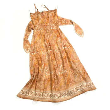 

Woman Modest Dress 2020 Summer New Runway Designer Fashion Elegant A-lined Linen Orange Sun Dresses