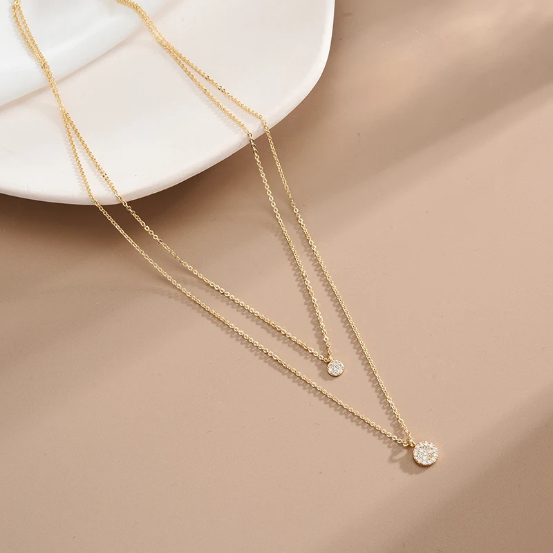 925 Sterling Silver Double Layer Necklace Full Zircon Round Pendants for Women
