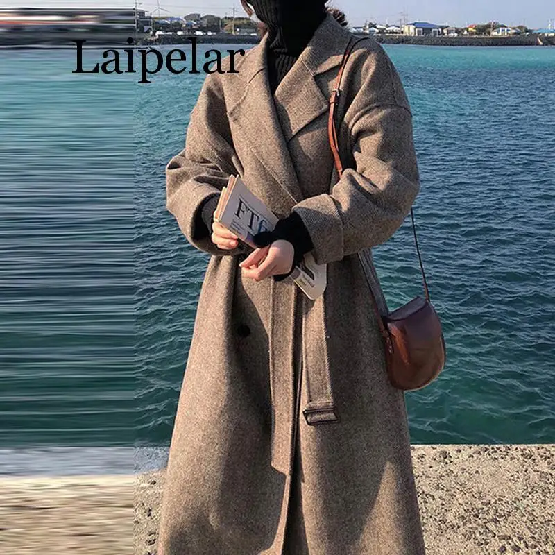 Striped Fashion Wool Coat Jacket Women Lace Up Long Blend Elegant Ladies Coats  Turn Down Collar Outwear