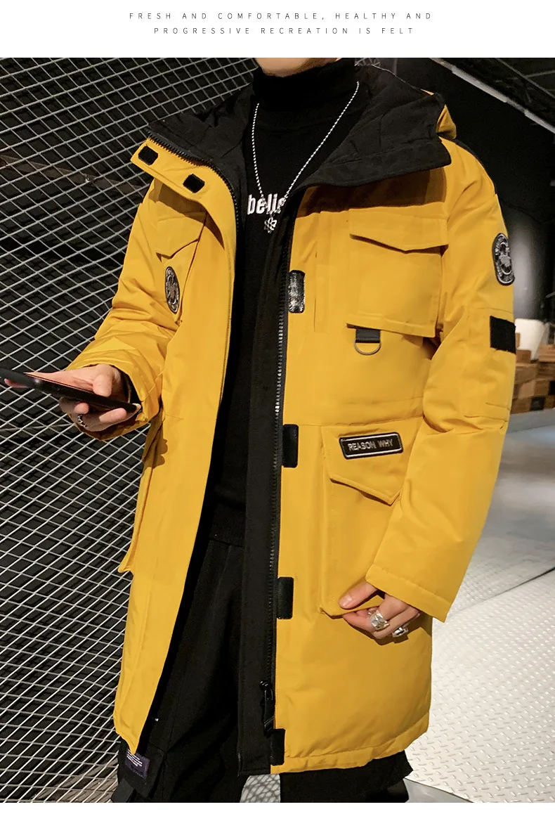 Down Jacket Men's New Style Trend Handsome Mid-length Thick Workwear Hooded down Jacket Cotton-padded Clothes Winter Coat M