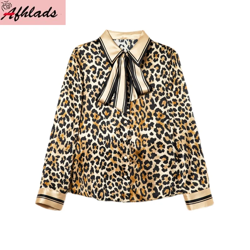

Женская однобортная рубашка на шнуровке, свободная блузка с отложным воротником и леопардовым принтом, одежда для весны и осени