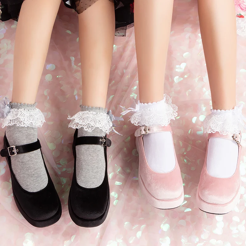 Новинка, Японские Женские носки, двойные кружевные милые кружевные носки с бантом, Лолита, Лолита, Хлопковые женские носки для девочек