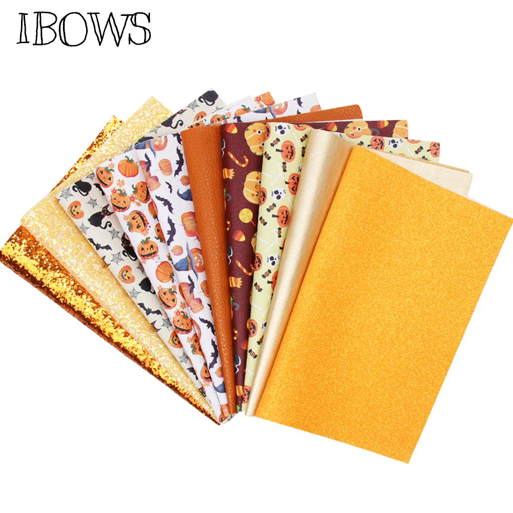 

IBOWS 10pcs Halloween Synthetic Leather Fabric Pumpink Print Faux Leather for DIY Hair Bow Bag Accessories Crafts Fabric 22*30cm