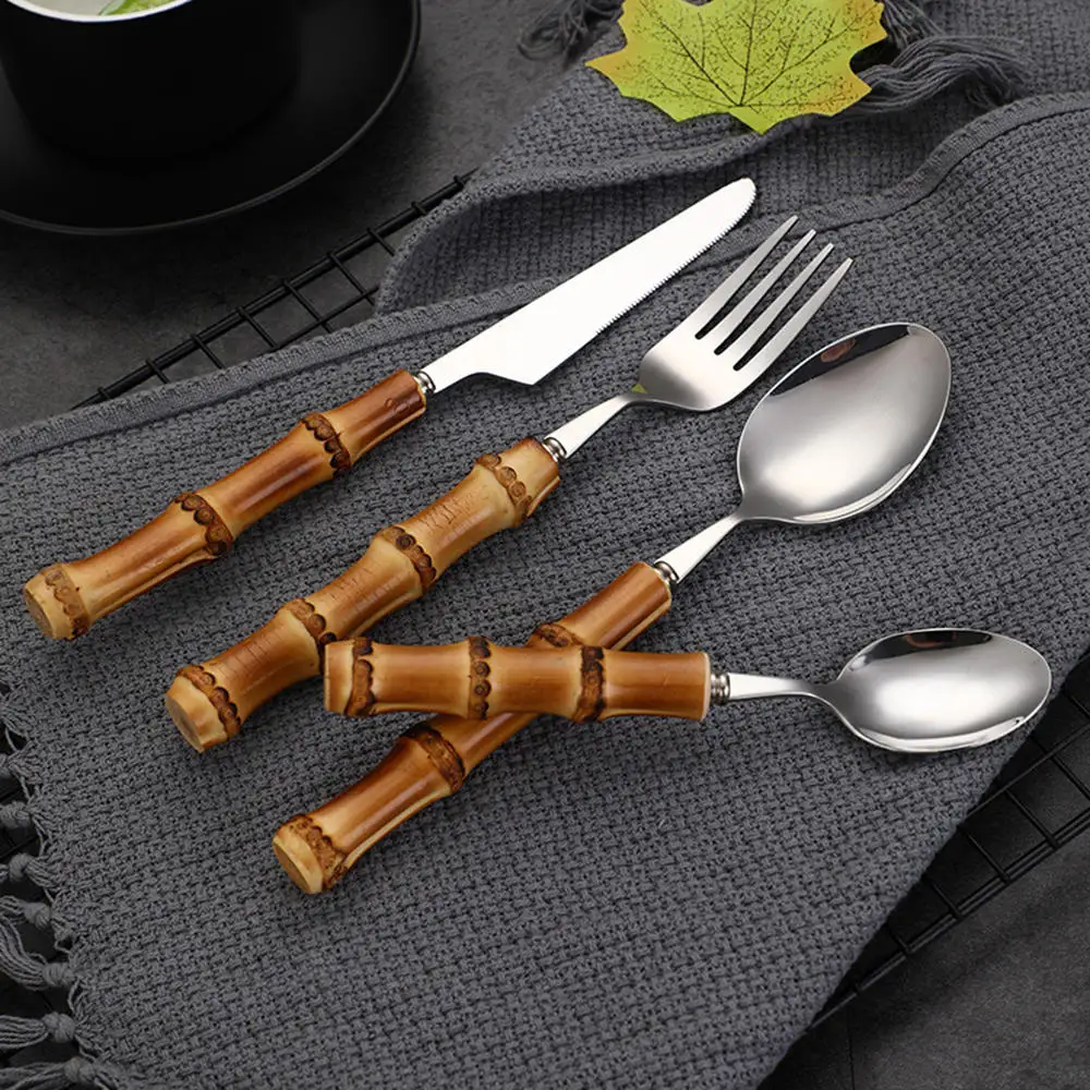 Bamboo Handle Tableware Western Steak Knife Cake Dessert Spoon Stainless Steel Fork Home | Дом и сад