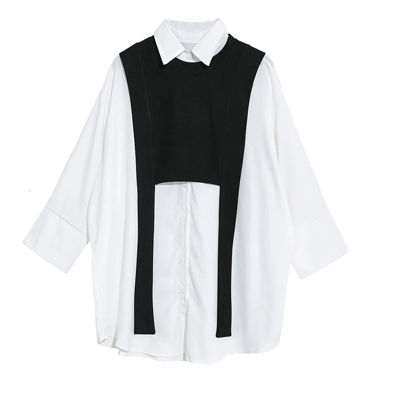 [EAM] Женская Черная блуза из двух частей с разрезом большого размера, новая рубашка свободного кроя с отворотом и длинным рукавом, модная весенняя Осенняя 1M889 - Цвет: white